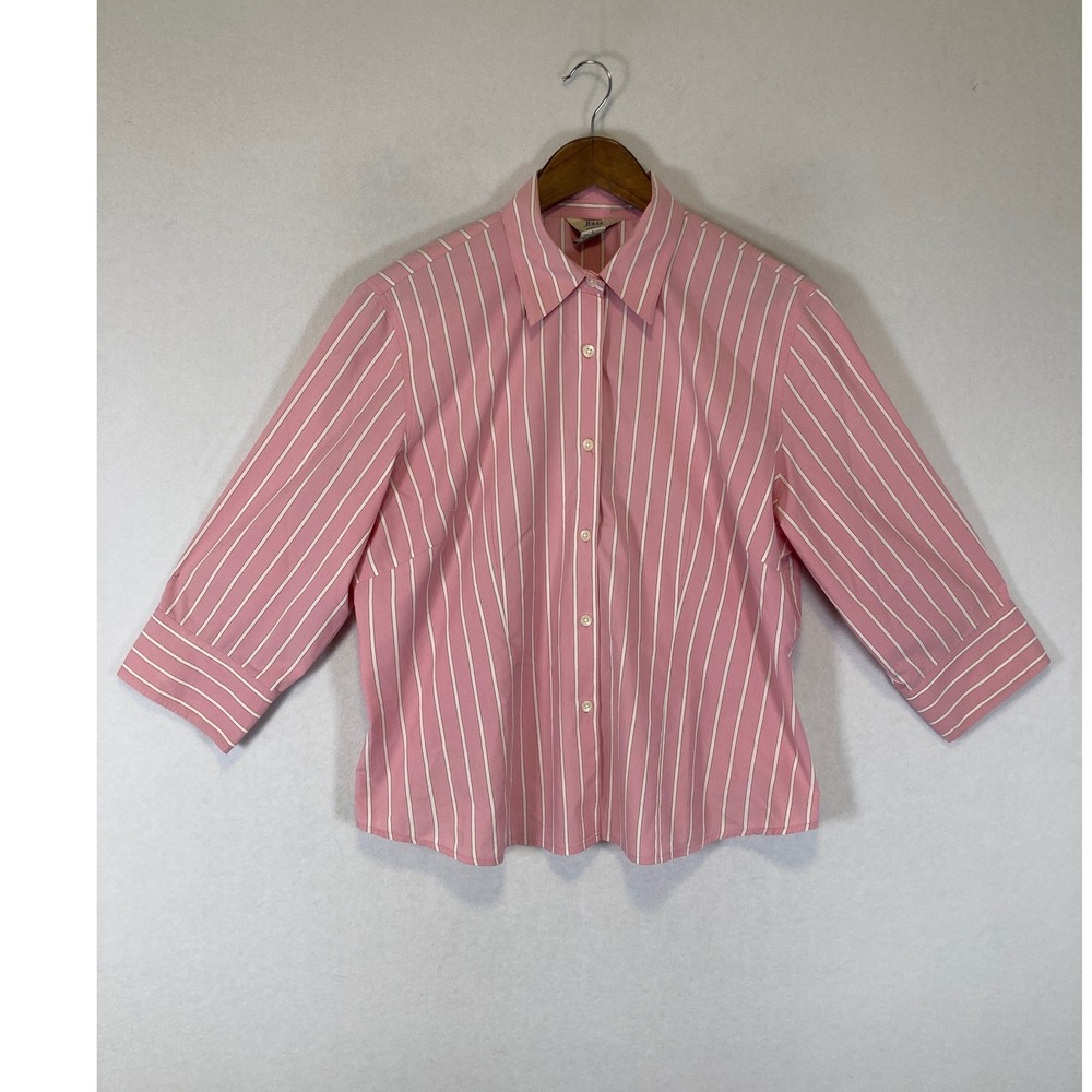 Preppy G.H. Bass Womens Large Pink White Striped 3/4 Sleeve Stretch Button Down